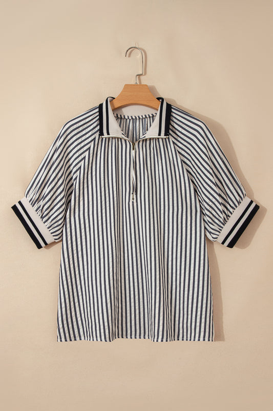 Stripe Half Zip Polo Collar Puff Sleeve Blouse