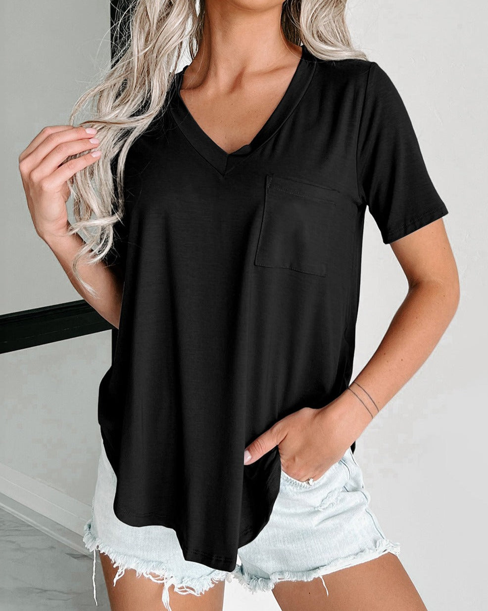 Pocketed V-Neck Rounded Hem Tee