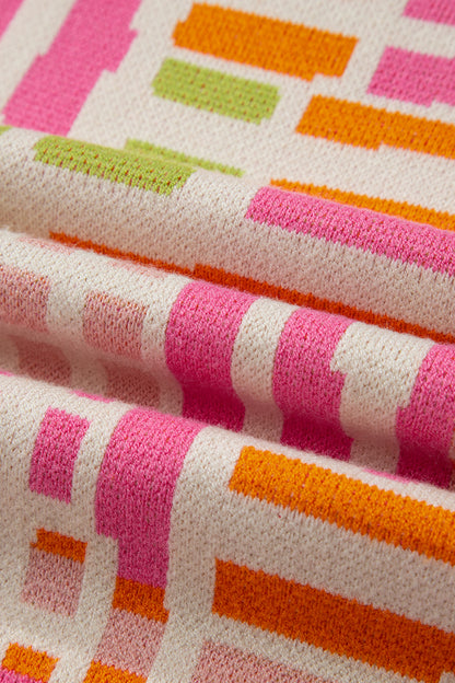 Geometric Stripe Crewneck Puff Sleeve Sweater