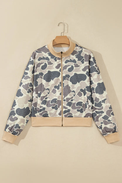 Camo Colorblock Trim Zip Up Bomber Sweatshirt