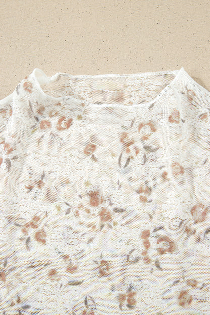 Floral Mesh Mock Neck Short Sleeve Top