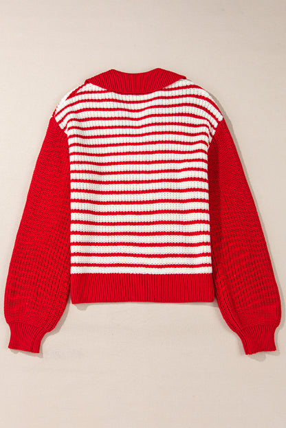 Stripe Colorblock Collared V-Neck Sweater