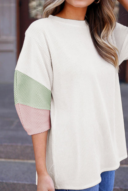 Colorblock Textured 3/4 Sleeve T-Shirt Plus Size