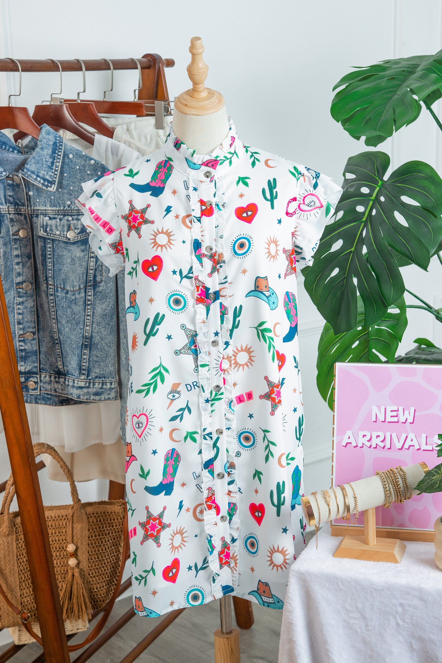 Western Flutter Sleeve Button-Down Mini Dress