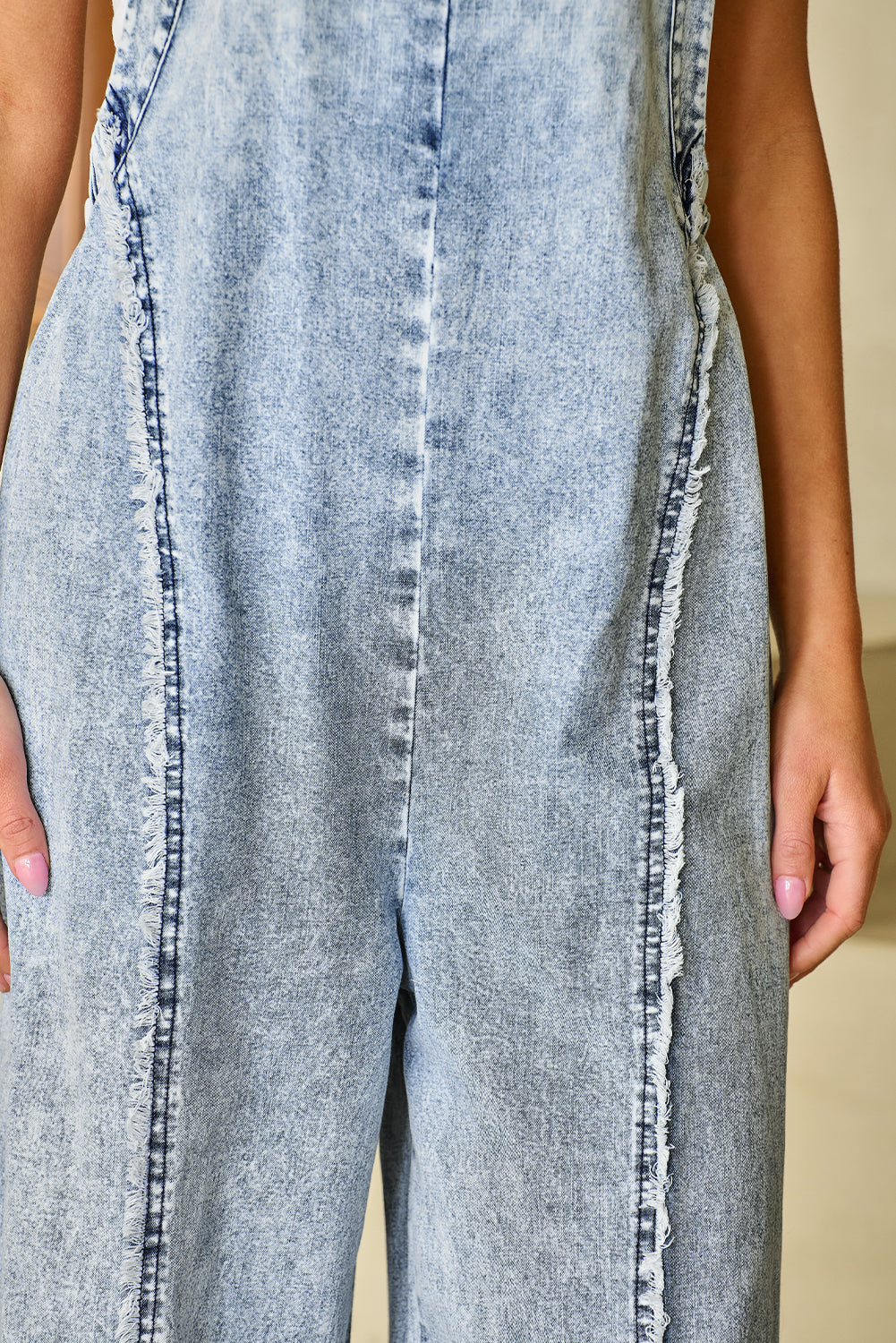 Denim Frayed Reverse Seam Wide Leg Overall