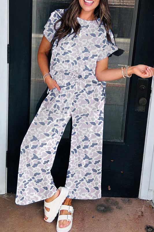 Camo Corded Knit Tee & Drawstring Pants Set