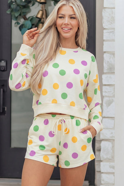 Polka Dot Pullover and Drawstring Shorts Set
