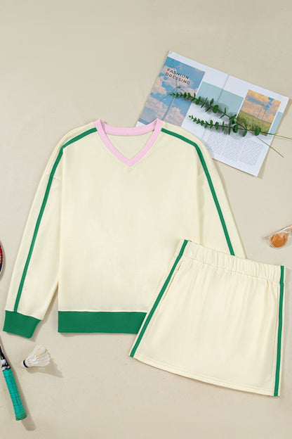 Colorblock Ribbed V-Neck & Skort Athleisure Set