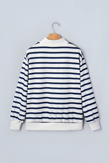 Stripe Ribbed Trim Stand Neck Long Sleeve Sweatshirt