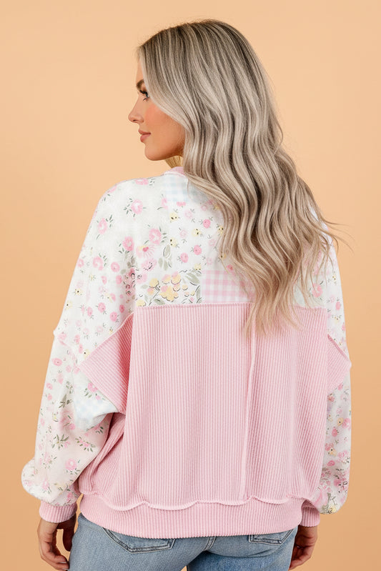 Floral Patchwork Corded Knit Long Sleeve Top