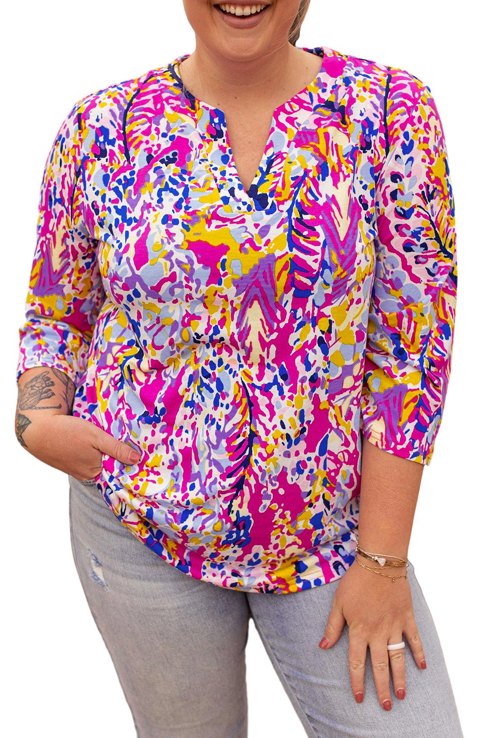 Abstract 3/4 Sleeve Tunic Top Plus Size