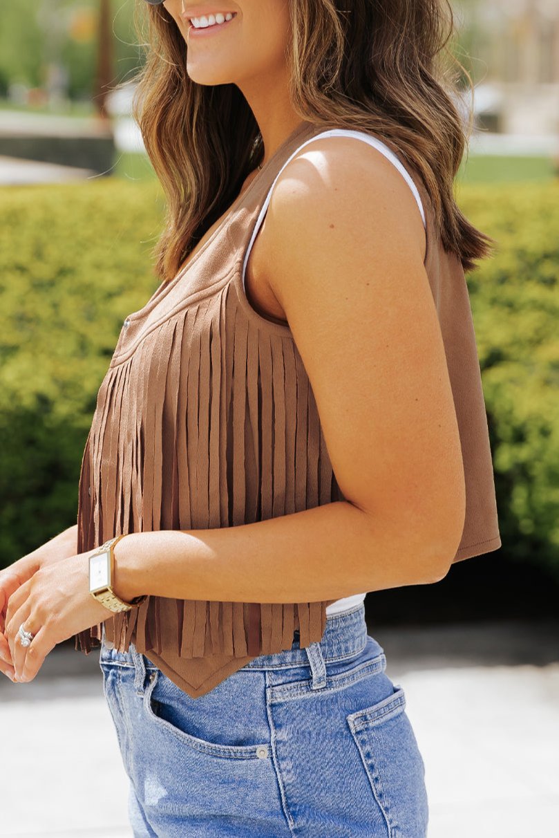 Suede Fringe Snap Button Vest