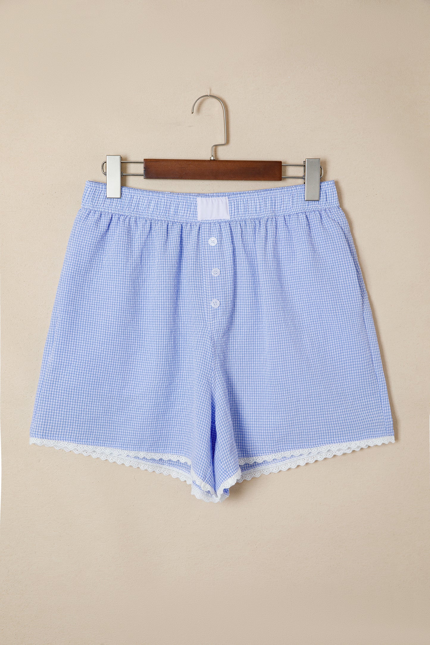 Gingham Plaid Lace Trim Buttoned Boxer Shorts