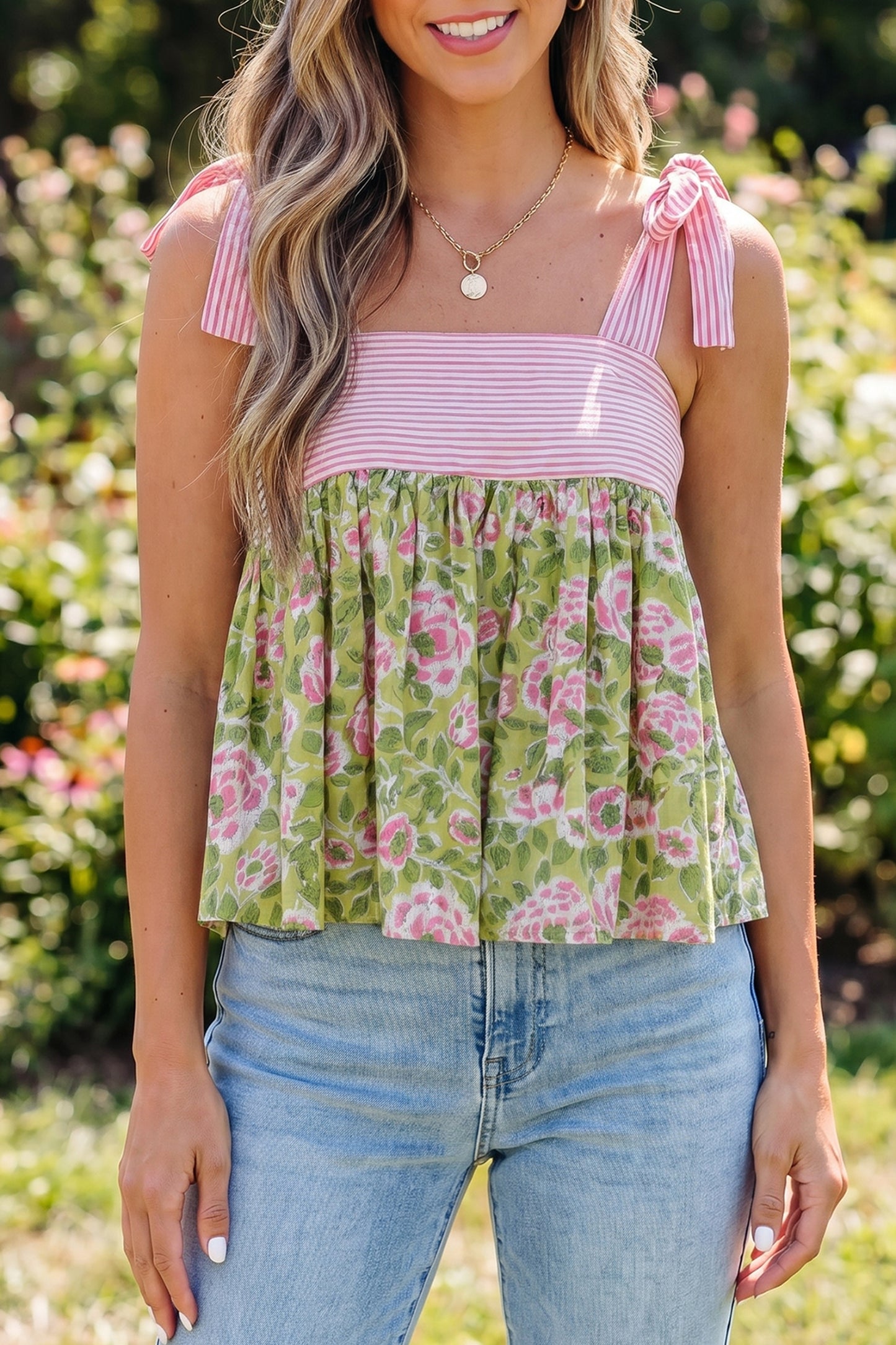 Floral Stripe Tie Strap Babydoll Tank Top