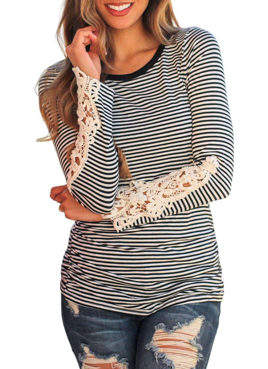 Stripe Crochet Lace Sleeve Top