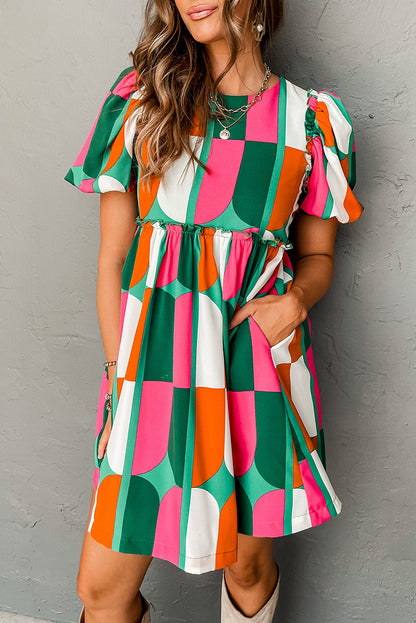 Abstract Puff Sleeve Dress