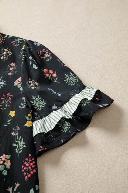 Floral Contrast Frill Trim Short Sleeve Shirt
