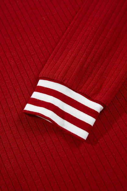 Stripe Contrast Tie Neck Cuffed Long Sleeve Top