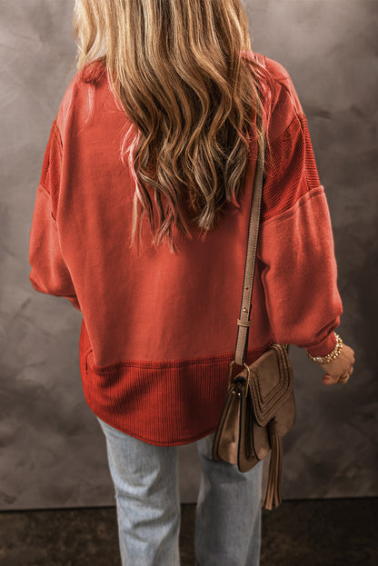 Waffle Patchwork Notched V-Neck Sweatshirt