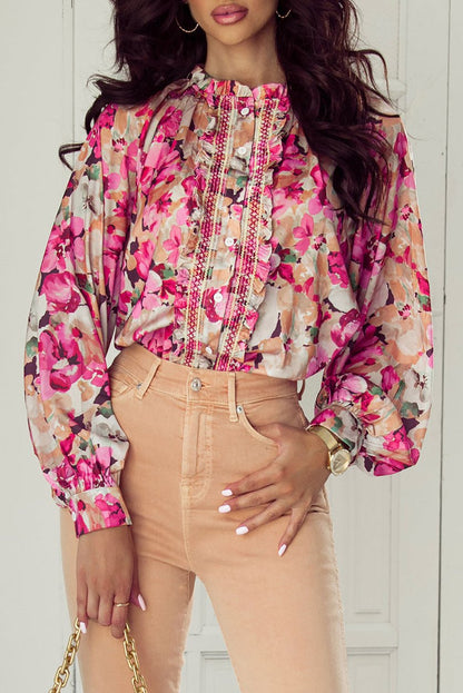 Floral Embroidered Ruffle Buttoned Shirt