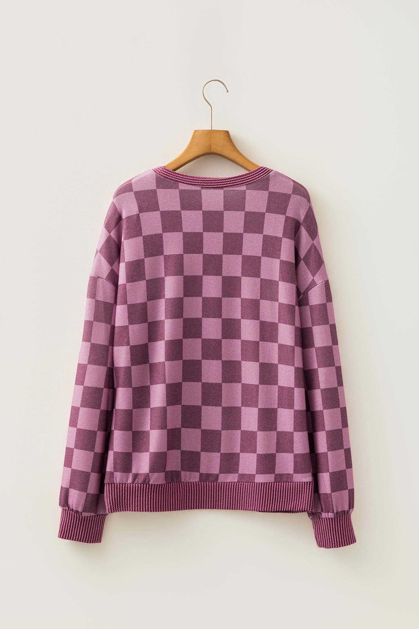 Checker Corded Knit Trim Long Sleeve Top