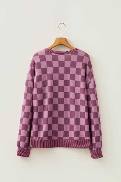 Checker Corded Knit Trim Long Sleeve Top