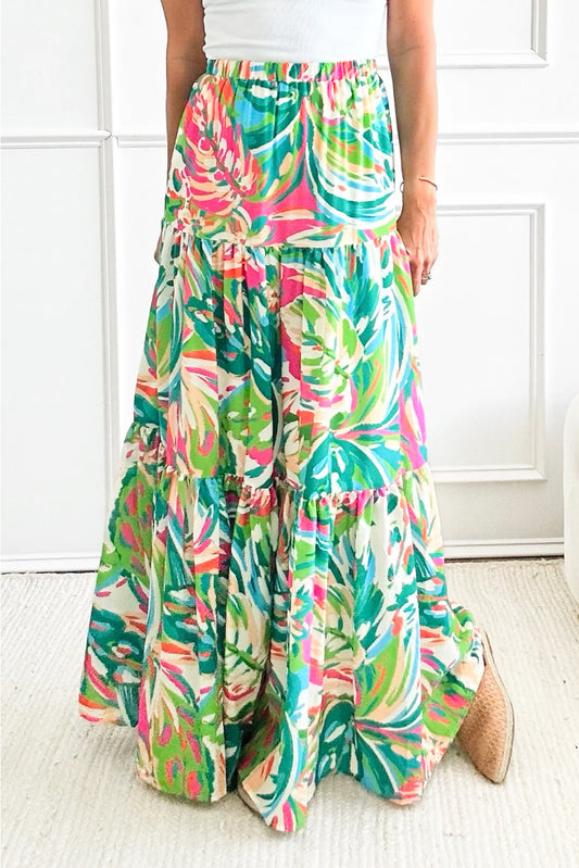 Abstract High Waist Tiered Maxi Skirt