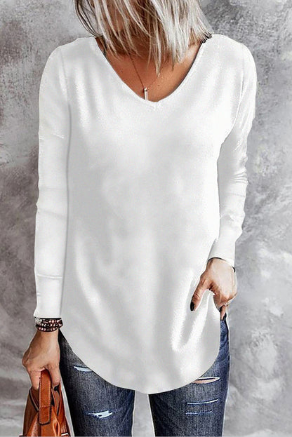 Solid V-Neck Long Sleeve Top