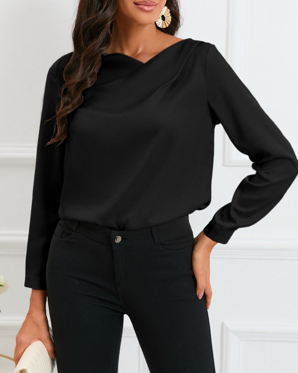 Satin Asymmetrical V-Neck Blouse