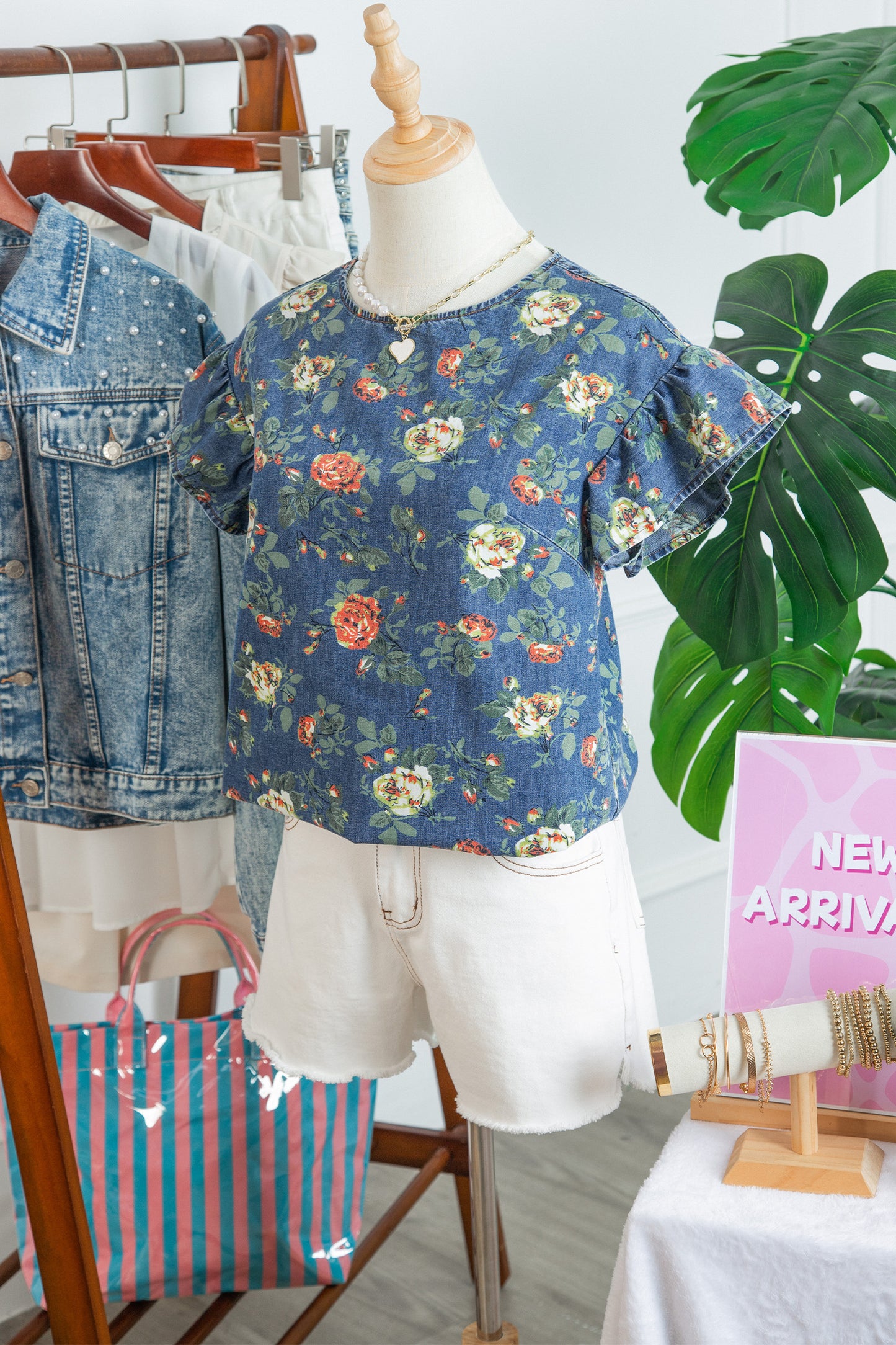 Floral Denim Ruffle Short Sleeve Top