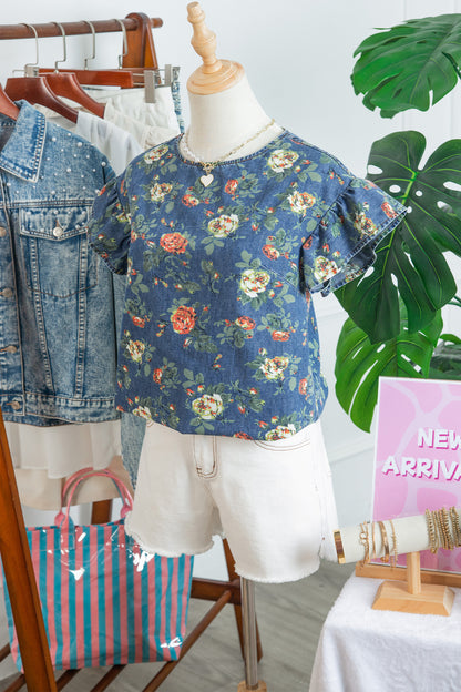 Floral Denim Ruffle Short Sleeve Top