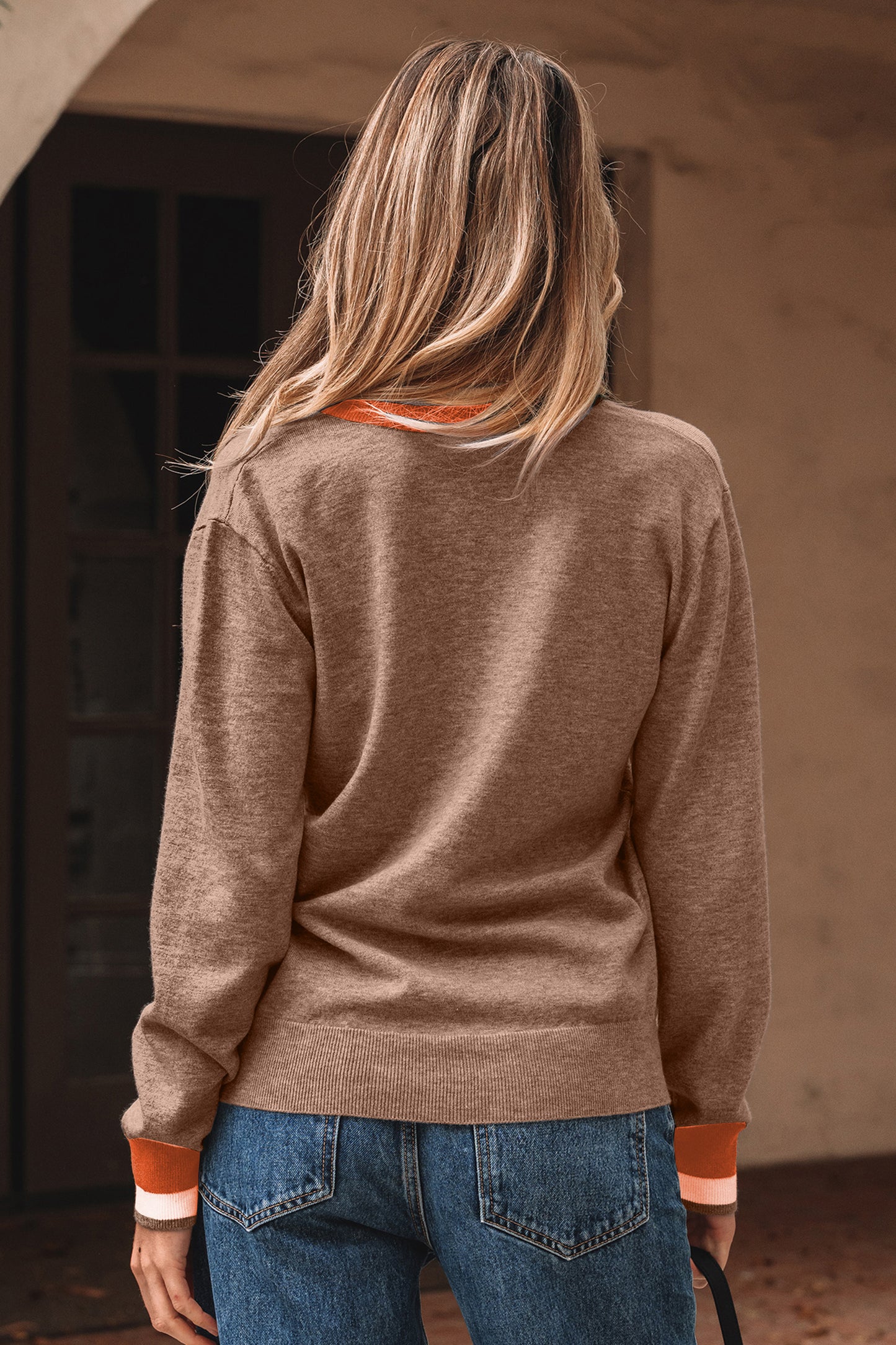 Varsity Stripe Contrast Trim V-Neck Sweater