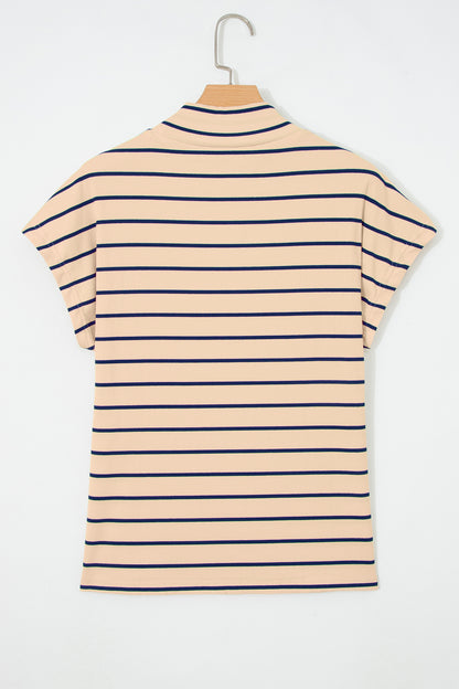 Stripe Mock Neck Short Sleeve Loose Top