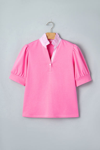 Stripe Frilled Collar Short Sleeve Blouse