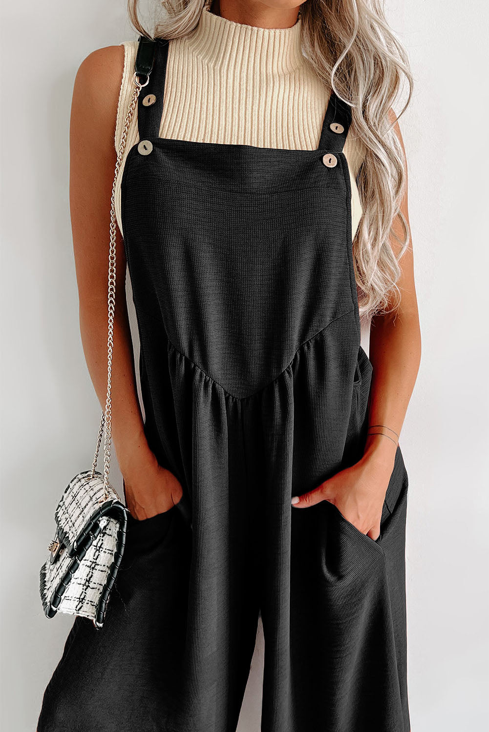 Buttoned Straps Wide Leg Jumpsuit