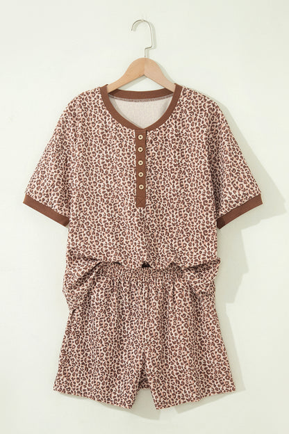 Leopard Ribbed Tee & Elastic Waist Shorts Set