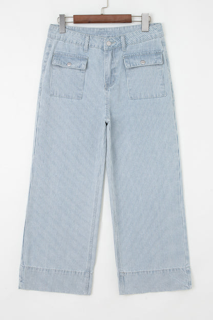 Stripe Denim Button Flap Pocket Cuffed Hem Jeans