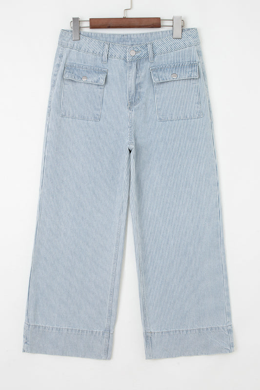 Stripe Denim Button Flap Pocket Cuffed Hem Jeans