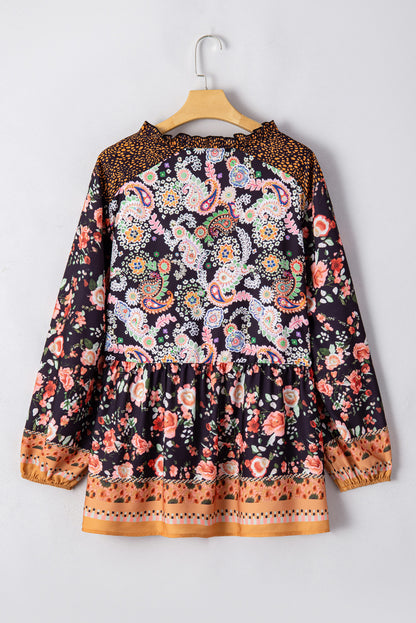 Plus Size Floral V-Neck Bubble Sleeve Blouse