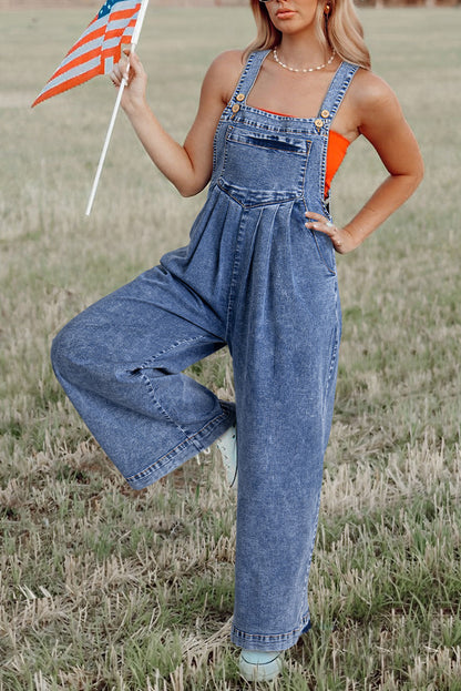 Denim Wash Wide Leg  Overalls