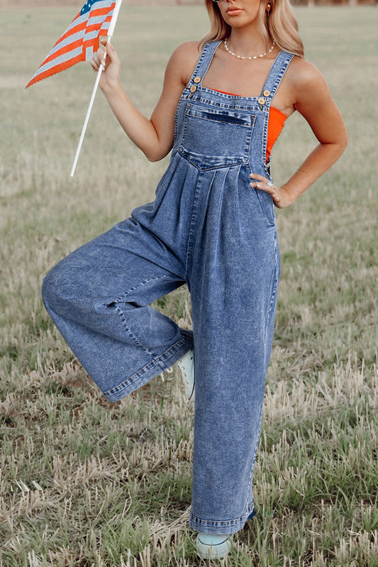 Denim Wash Wide Leg  Overalls