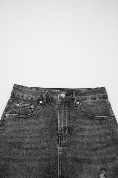 Denim Asymmetrical Distressed Midi Skirt