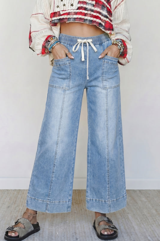Denim Contrast Drawstring Waist Wide Leg Jeans