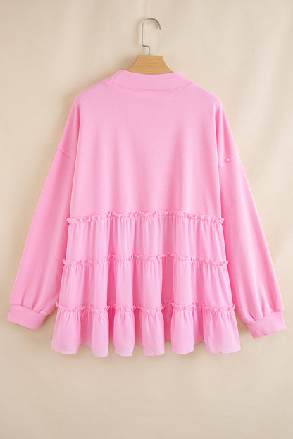 Plus Size Solid Ruffle Tiered Ribbed Crewneck Top