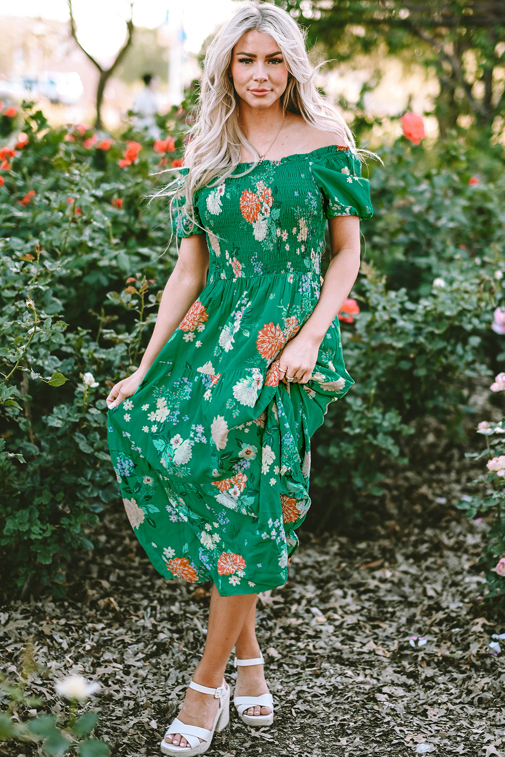 Floral Bubble Sleeve Smocked Tiered Midi Dress