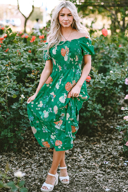 Floral Bubble Sleeve Smocked Tiered Midi Dress
