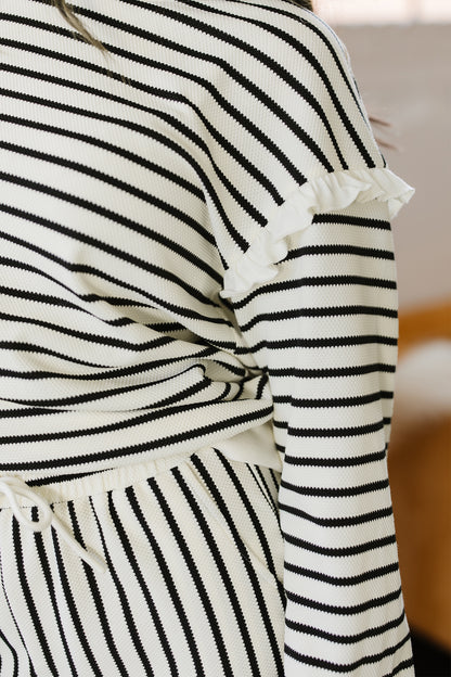 Stripe Ruffle Drop Shoulder Top and Pants Set