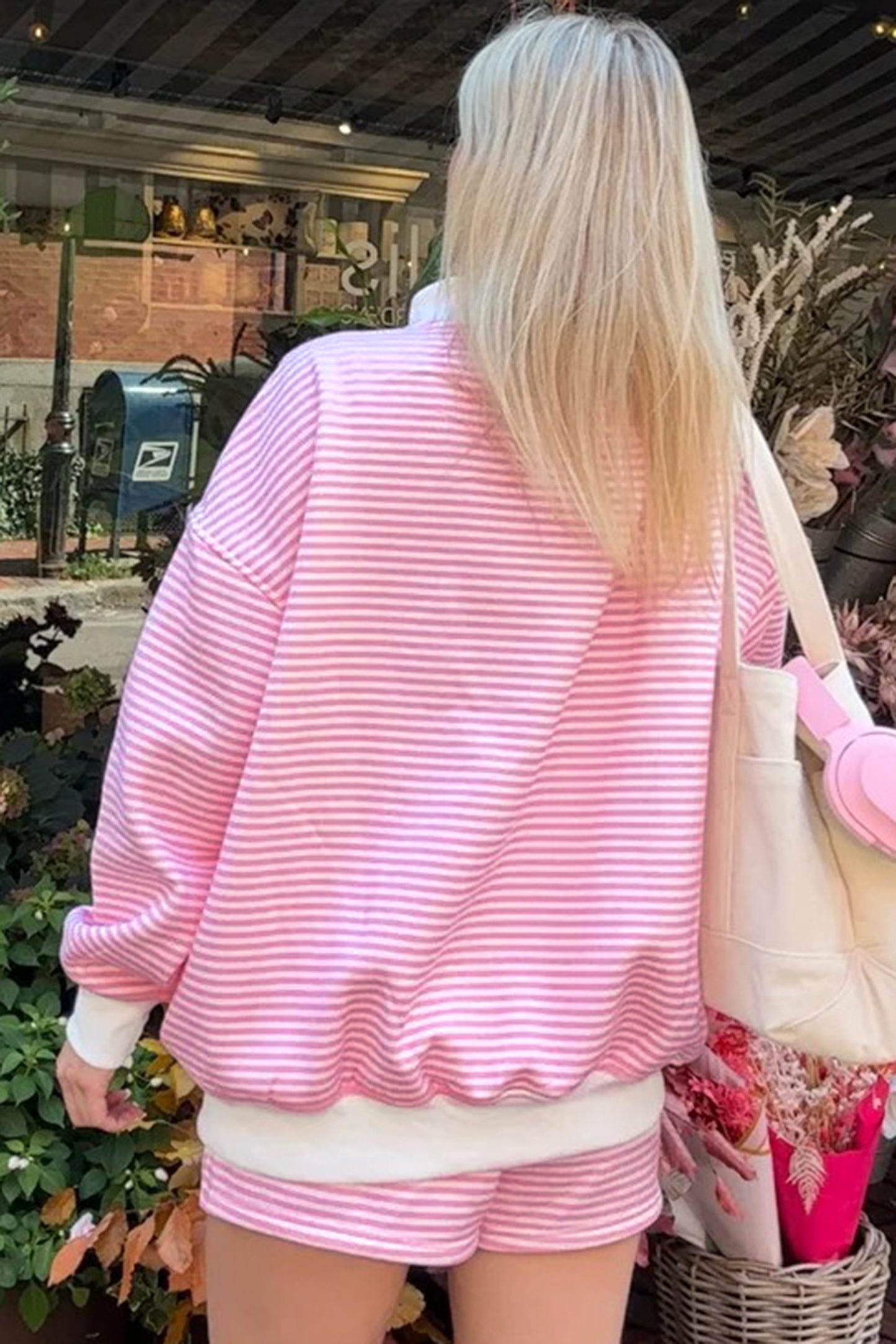 Stripe Oversize Mock Neck Sweatshirt & Shorts Set