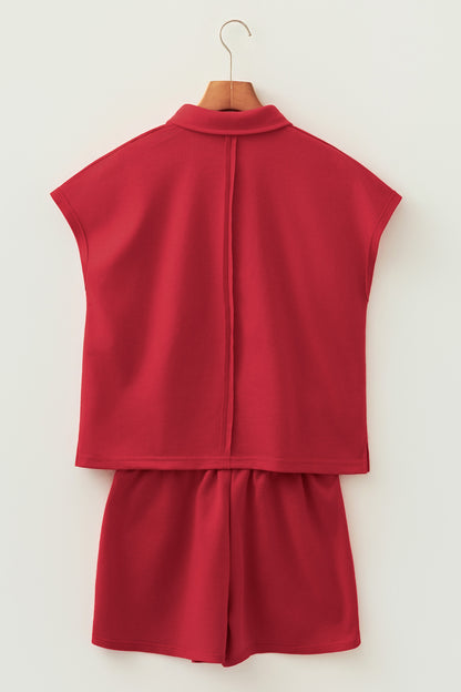 Solid Polo Tee & Elastic Waist Short Set