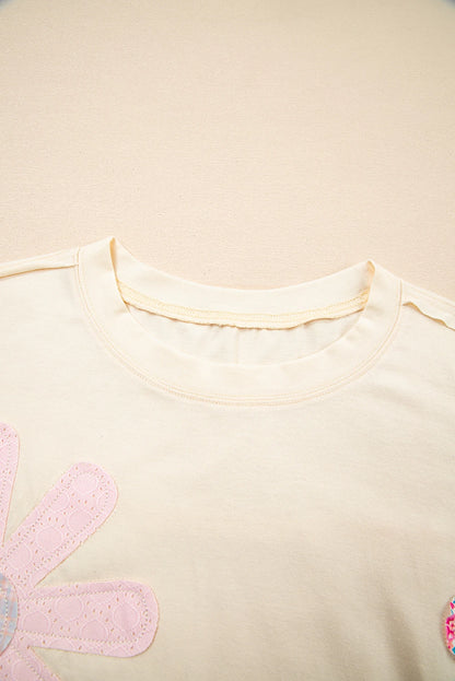 Floral Patch Exposed Stitching Crew Neck Tee